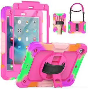 SEYMAC for iPad Mini 5/ Mini 4 Case 7.9 Inch, Sturdy Heavy Duty Shockproof Full-Body Protective Case with Screen Protector, Rotating Stand, Hand/Shoulder Strap for iPad Mini 5th/4th Gen, Camo/Pink