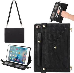 Handbag Case for iPad Mini 5th 4th 3rd 2nd 1st Generation (Prior to 2019), Techcircle Elegant Crossbody Folio Stand Wallet Case with Pencil Holder, Card Slots, Hand Strap, Shoulder Strap, Black