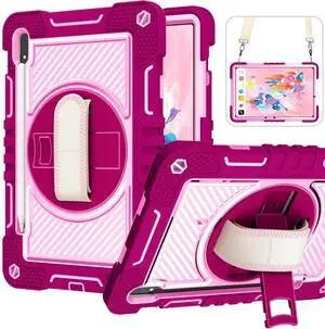 Shockproof Case for Samsung Galaxy Tab S8+/S7+/S7 FE 12.4" Tablet with Shoulder Strap, Techcircle Heavy Duty Rotating Kickstand Rugged Defender Protective Case with Adjustable Hand Strap, Rose+Pink