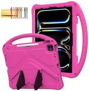 Kids Case for iPad Pro 13" 2024/Air 13" M3 M2, iPad Pro 12.9 2018-2022 Cover with Pencil Holder, Techcircle Lightweight Shockproof EVA Foam Handle Stand Anti-Slip Grip Rugged Case, Rose