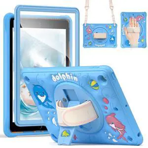 TSQQST Case for iPad 9th 8th 7th Generation for Kids, Cute Cartoon Dolphins 10.2 Case with Screen Protector & Rotating Stand & Hand Strap & Carrying Strap, Azure Blue