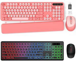 2 Pack Backlit Wireless Keyboard and Mouse Combo-Cute Typewriter Keyboard with RGB Backlit, Detachable Wrist Rest, Retro Round Keycaps, Foldable Legs, 2.4GHz Full-Size Keyboard for PC, Laptop, Windows