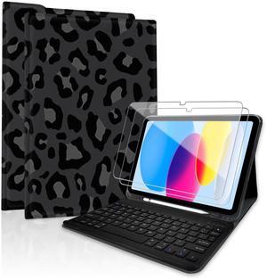 TopPerfekt for iPad Air 11-inch(M2 2024/M3 2025) Bluetooth Keyboard Case with 2 Pack 9H Hardness Tempered Glass,Rechargeable,Magnetically Absorbent,for iPad Air4/5th 2020/2022 10.9"-Leopard BlackGrey