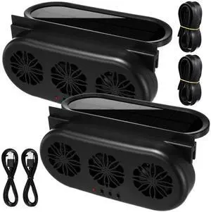 Tujoe 2 Pack Solar Powered Car Exhaust Fan 3 Fans Car Window Air Vent Radiator Solar Energy Cooling Vent Exhaust for General Types(Solar & USB Cable 3 Fans,Black)