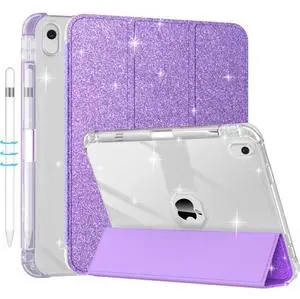Case for iPad 10th Generation 10.9 Inch (2022), iPad (A16) 11th Generation 11 Inch (2025)-with Pencil Holder, Sparkle Glitter Leather Trifold Stand Magnetic Smart Cover-Shiny Clear TPU Back, Purple
