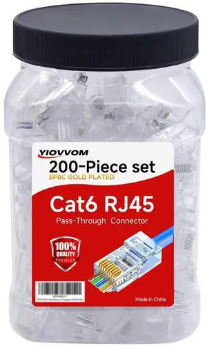 YIOVVOMCat 6 Pass Through RJ45 8P8C Connectors (Cat6 Connector / RJ45 Modular Plugs/Cat 6 Ends/Ethernet Plugs) UTP Network Connector for Solid Wire and Standard Cable, Transparent, 200 Pack