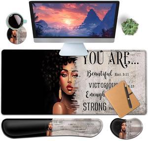 Large Gaming Mouse Pad+ Keyboard Wrist Rest Set, Ergonomics Memory Foam Mouse Mat Wrist Rest Support, Waterproof Extended Mousepad 31.5x11.8in, African American Women Black Girl Black Desk Pad