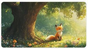 Fox Mouse Pad - Large Gaming Desk Mat with Cheerful Fox in Sunlit Forest Design, Non-Slip, Water-Resistant, Stitched Edges (40x75cm)