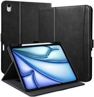 Zinibri Handcrafted Case for iPad Air 13 Inch M3 2025/M2 2024 A3269 A3271 A2898 A2899 A2900 with Pencil Holder & Hand Strap & Pocket PU Leather Stand Protective Folio Cover,Auto Sleep/Wake,Black