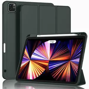 ZryXal New iPad Pro 11 Inch Case 2022(4th Gen)/2021(3rd Gen)/2020(2nd Gen) with Pencil Holder,Smart iPad Case [Support Touch ID and Auto Wake/Sleep] with Auto 2nd Gen Pencil Charging (Dark Green)