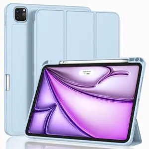 ZryXal New iPad Air 13 Inch Case M3 2025/M2 2024 with Pencil Holder, Trifold Stand Smart Case with Soft TPU Back,Auto Wake/Sleep(Sky Blue)