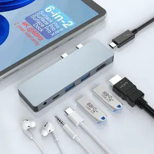 Opluz 6 in 2 Surface Pro 8 9 X Docking Station, Accessories for Microsoft Surface Pro Dock Hub Thunderbolt 4 Port, with 4K@60HZ HDMI Port, 2 USB-A 3.0(10Gbps), 2 USB-C, 3.5mm Audio Jack PD Charging