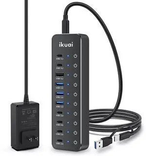 Powered USB Hub, ikuai 10-Port USB 3.2 / USB C Hub, with 3 10Gbps Data Ports and 7 USB 3.0 Ports (4 USB-C + 3 USB-A) for Mac PC Laptops and More