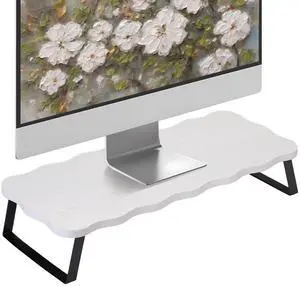 Monitor Stand Riser, Wooden Computer Stand for Desk, Wood and Steel Multi-Purpose Desktop Storage Laptop Riser Desk Shelf for Computer, Laptop, PC, Printer, 21.65 x 9.45 x 3.94 Inch Length (White/2 Pc