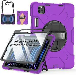 Case for iPad Pro 11 Inch 2022/2021/ 2020/2018: Silicone Cover for iPad 11 Inch 4th/ 3rd/ 2nd/ 1st/ Generation with Screen Protector- Stand- Handle- Shoulder Strap- Pencil Holder- Purple