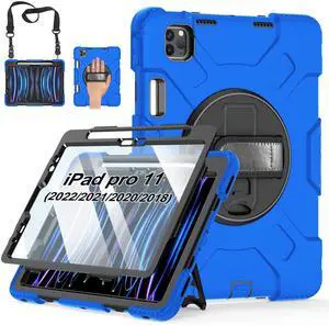 Case for iPad Pro 11 Inch 2022/2021/ 2020/2018: Silicone Cover for iPad 11 Inch 4th/ 3rd/ 2nd/ 1st/ Generation with Screen Protector- Stand- Handle- Shoulder Strap- Pencil Holder- Blue