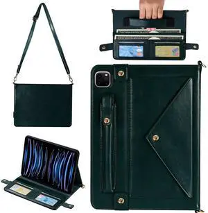 Handbag Case for iPad Air 13" & Pro 12.9" 2018-2022, Techcircle PU Leather Folio Stand iPad Crossbody Wallet Case with Pencil Pocket, Card Slots, Hand Strap+Shoulder Strap, Midnight Green