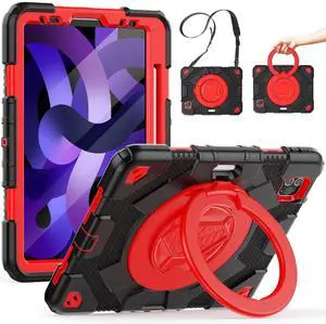 SCSVPN Kids Case for iPad Air 5th/4th Generation 10.9-inch 2022/2020 & iPad Pro 11'' 4th/3rd/2nd/1st Gen 2022 2021 2020 2018 Protection Case with Pen Holder, Stand, Handle, Shoulder Strap, Black Red