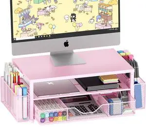OPNICE Desk Organizers and Accessories, 2-Tier Computer Monitor Stand Riser with Drawer and 2 Pen Holders, Office Desk Accessories for Office Supplies, Pink
