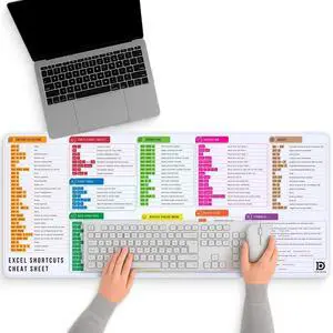 Deskr Excel Shortcut Keys Mouse Pad | Extended XL Cheat Sheet Gaming Desk Pad | PC Office Spreadsheet Keyboard Mat | Non-Slip Stitched Edges 4mm Thick Water-Resistant - White (36x16in)