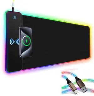 RGB Gaming Mouse Pad Wireless Charging 15W with LED Cable, XXL Large Mousepad 800x300x4mm with 13 Light Modes Non-Slip Rubber Base, Waterproof Computer Mat for Home Office Gaming Keyboard Desk Decor