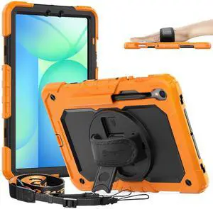 Timecity Case for Samsung Galaxy Tab S10 FE/ S9 FE 5G 10.9 Inch/ S9 11 Inch - Heavy Duty Protective Cover with Screen Protector, Rotating Stand, Shoulder Strap & S Pen Holder | Kids-Friendly, Orange