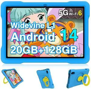 UJJ Kids Tablet Android 14, 10.1 inch Tablet for Kids, 20GB+128GB/1TB Expandable, Android Tablets with WiFi 6, Octa-Core, Parental Control, BT5.0, 360° EVA Case - Blue