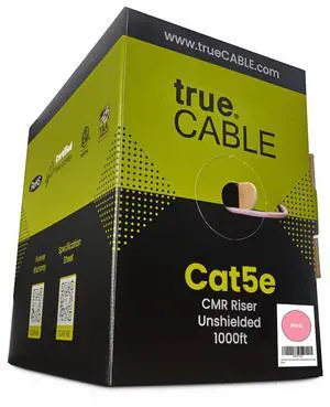 trueCABLE Cat5e Riser (CMR), 1000ft, Pink, 24AWG 4 Pair Solid Bare Copper, 350MHz, PoE++ (4PPoE), ETL Listed, Unshielded Twisted Pair (UTP), Bulk Ethernet Cable