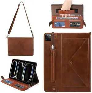 Handbag Case for iPad Pro 13-inch M4 2024 7th Gen, Techcircle Folio Stand PU Leather Crossbody Wallet Case with Pencil Holder, Hand Strap & Shoulder Strap, Coffee