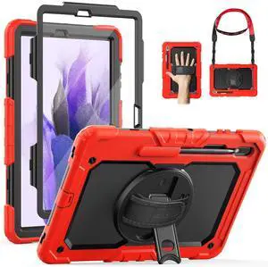 SEYMAC for Samsung Galaxy Tab S7 FE/Tab S8 Plus/ S7 Plus Case 12.4'', Heavy Duty Full-Body Shockproof Protective Case with Screen Protector, Rotating Stand, Hand/Shoulder Strap and Pen Holder, Red