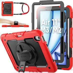 SEYMAC stock Case for iPad Air 11 inch Case M3/ M2 (2025/2024), for iPad Air 6th Generation, Heavy Duty Protective with Pencil Holder, Screen Protector, Stand, Hand Strap, Shoulder Strap, Red