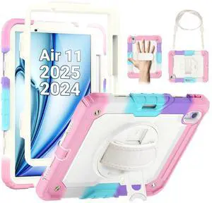 SEYMAC Kids Case for iPad Air 11 Inch M3 (2025)/M2 (2024), Heavy Duty Shockproof Protective Case with Screen Protector, Stand, Hand/Shoulder Strap for iPad Air 7th/6th Generation, Colorful Pink