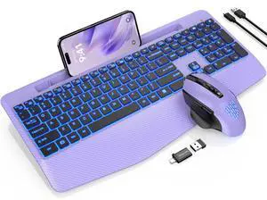 Wireless Keyboard and Mouse Backlits, Wrist Rest, LED Mouse, Rechargeable Ergonomic Keyboard with Phone Holder, Silent Light Up Combo for Computer, Mac, PC, Laptop, Chromebook (Purple)