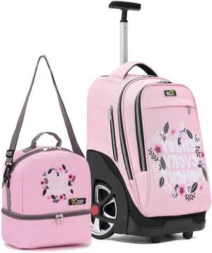 NEW TILAMI Rolling Backpack 19 inch with Lunch Bag Teens Cute Wheeled Computer Laptop Backpack Bookbag Roller Travel Bag College, Flower Pink