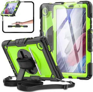 BASE MALL Case for Samsung Galaxy Tab A7 Lite 8.7-inch Tablet Case 2021 (SM-T220/T225), [with Tempered Glass Screen Protector] Kids Cases, Rotating Kickstand, Shoulder & Hand Strap (Green)