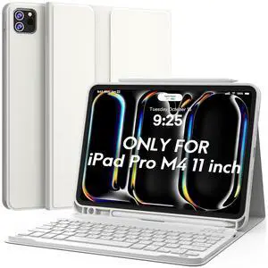 CHESONA for iPad Pro 11 Inch (M4) 2024 Case with Keyboard, Magnetic Detachable Keyboard, Precise Cutouts Case with Pencil Holder, Rechargeable Wireless Folio Keyboard Case for iPad Pro M4 11'', White