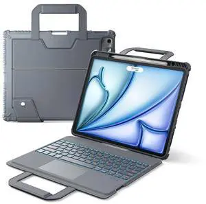 Nillkin Carry Go Keyboard Case for iPad Air 13 inch (M3/M2) with Handle, iPad Pro 12.9 (3rd/4th/5th/6th Gen) Rugged Case with Detachable Keyboard, Magic Trackpad, 7 Colors Backlit, Camera Cover, Gray