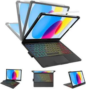 for iPad 11th 10th Generation Case with Keyboard 360° Rotatable, 7 Color Backlight & Multi-Touch Trackpad, Smart Protective Case with Pencil Holder for iPad 11 inch A16 2025/10th Gen 10.9 inch 2022