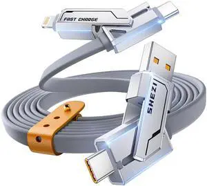 SHEZI 4-in-1 USB C Cable 240W 5FT Lightn-ing Cable [Fast Charging & Data Transfer] Flat Thick Silicone for iPhone/iPad Charger Cord, Multi Charge Wire Combo with Lightn-ing/USB C/USB A Port, Grey