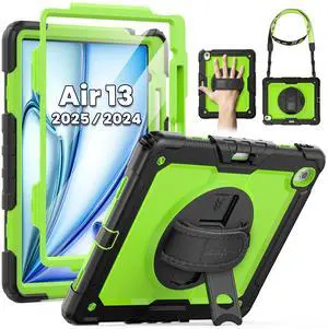 SEYMAC for iPad Air 13 Inch Case M3 2025/ M2 2024, Heavy Duty Shockproof Protective Case with Screen Protector, 360° Rotating Stand, Hand/Shoulder Strap and Pen Holder for iPad Air 13, Green