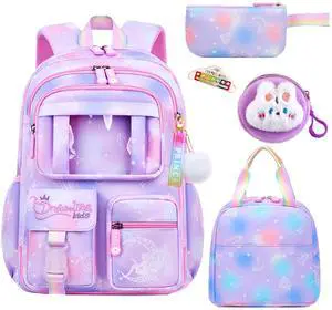 6Pcs Kawaii Backpack Set for Girls, Cute Pink Lightweight Daypack Kids Bookbag Large Capacity Laptop Bag, 17in Gradient Double Shoulder Backpack with Portable Lunch Bag(Purple)