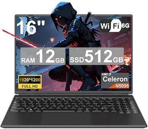 Laptop 16" 12GB+512GB SSD Celeron N5095 Up to 2.9 GHz Win 11 Laptop Support 512GB TF 1TB SSD Expand Notebook with 1920*1200 FHD 5G WiFi BT 4.2 Webcam Cooling Fan for Students and Business-Black