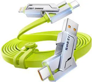 SHEZI [2025 Newly Upgrade] 4-in-1 Charging Cable 240W 5FT USB C Cable Fast Charging Flat Soft Thick Silicone for iPhone 16/15 Charger Cord, Multi Charge Combo with Lightning/USB C/USB A Port, Green