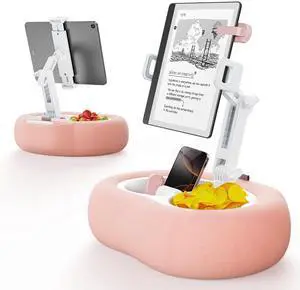 TAZENI Tablet Kindle Pillow Stand Holder with 2 Trays Fit 4''-13'' Phone/Tablet/Kindle iPad Holder Stand for Bed with Soft Plus Fabric Reading Accessories Gift, Pink