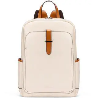 BOSTANTEN Leather Laptop Backpack for Women,15.6 inch Computer Backpack Purse College Daypack Work Travel Bag Beige-White