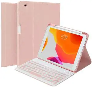 QYiiD Keyboard Case for iPad Pro 12.9-inch 2017/2015 (Old Model, 2nd & 1st Generation), 7 Color Backlit Detachable Bluetooth Color Keyboard Smart Folio Cover with Pencil Holder, Pink