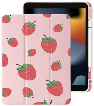 Cute Fruit Strawberry for iPad (A16) 11th Generation Case 11 Inch 2025, for iPad 10th Generation Case 10.9 Inch 2022 with Pencil Holder, Auto Sleep/Wake, Pink Leather Clear Acrylic Back Cover