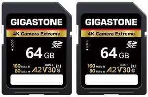 [5-Yrs Free Data Recovery] GIGASTONE 64GB 2-Pack SD Card, 4K Camera Extreme, A2 V30 U3 SDXC Memory Card High Speed UHD Video Compatible with Canon Nikon Sony Panasonic Digital Camera, with 2 Mini case