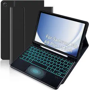 EAMPANG Case with Trackpad Keyboard for Samsung Galaxy Tab A9 Plus 11 inch (SM-X210/X216/X218),Smart Touchpad 7 Color Backlit Removable Keyboard Magnetic Case Tablet A9+ 5G Black
