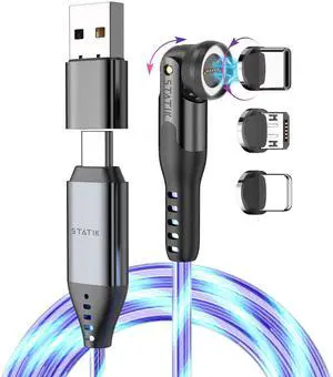 STATIK 360 Pro Magnetic Charging Cable - Type C Charger Fast Charging 3 in 1 USB C to USB C Cable, Micro USB & iProduct Tips, USB A Adapter, Fits All Devices - 100W Fast Charger, GloBright 3FT, 3 Pack
